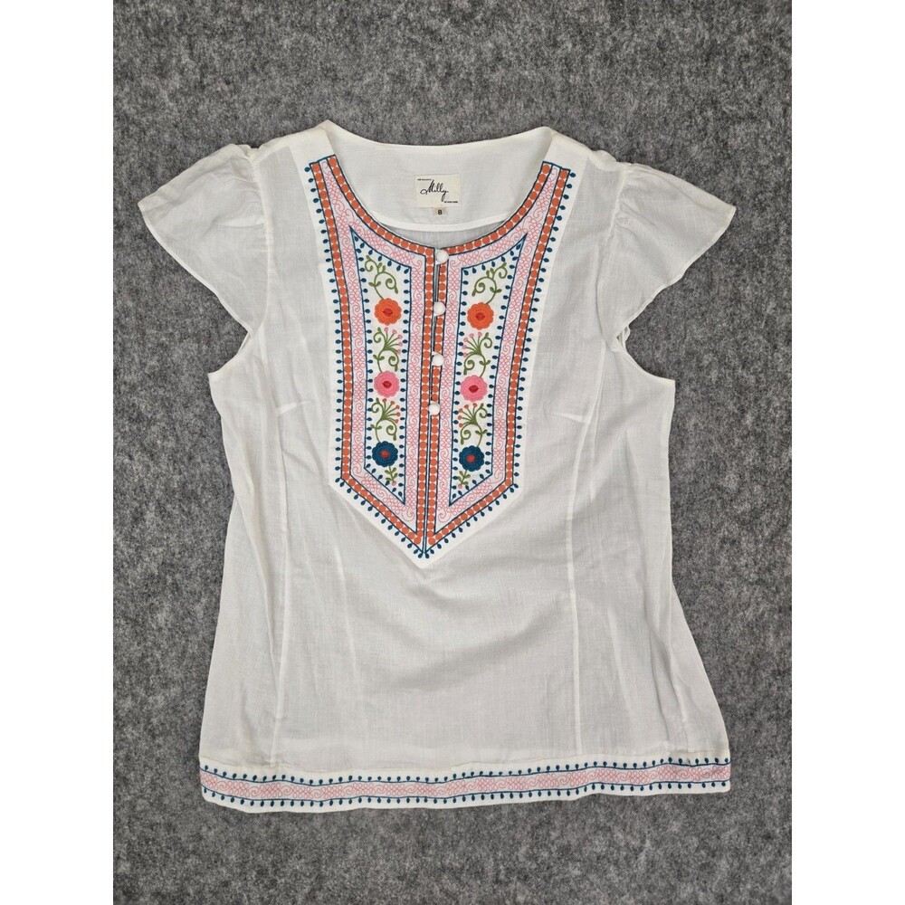 An Original MILLY of New York Women Sz 8 Ivory Embroidered Floral Sleeveless Top